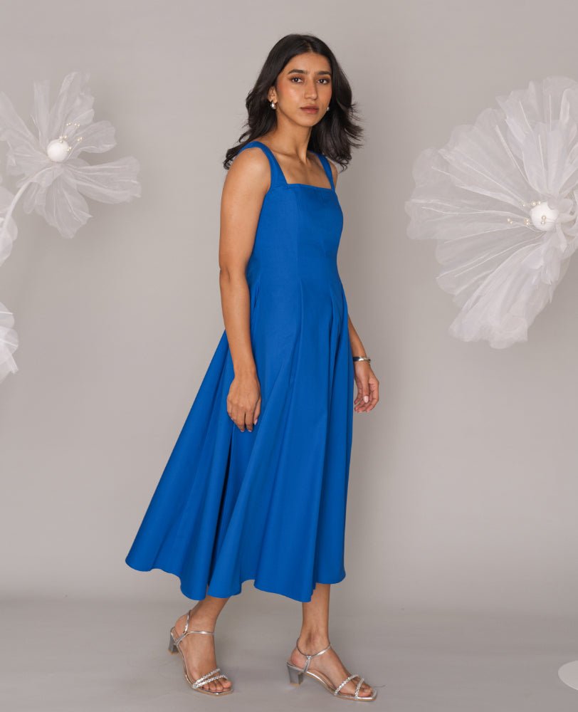 Cobalt Blue Cotton Square Neck Flared Midi Dress - Mileenia