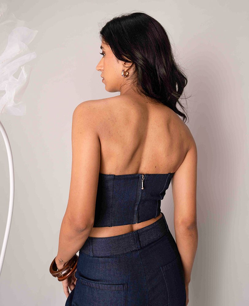 Dark Denim Sweetheart Neck Bustier Top with Wide - Leg Pants Co - ord Set - Mileenia