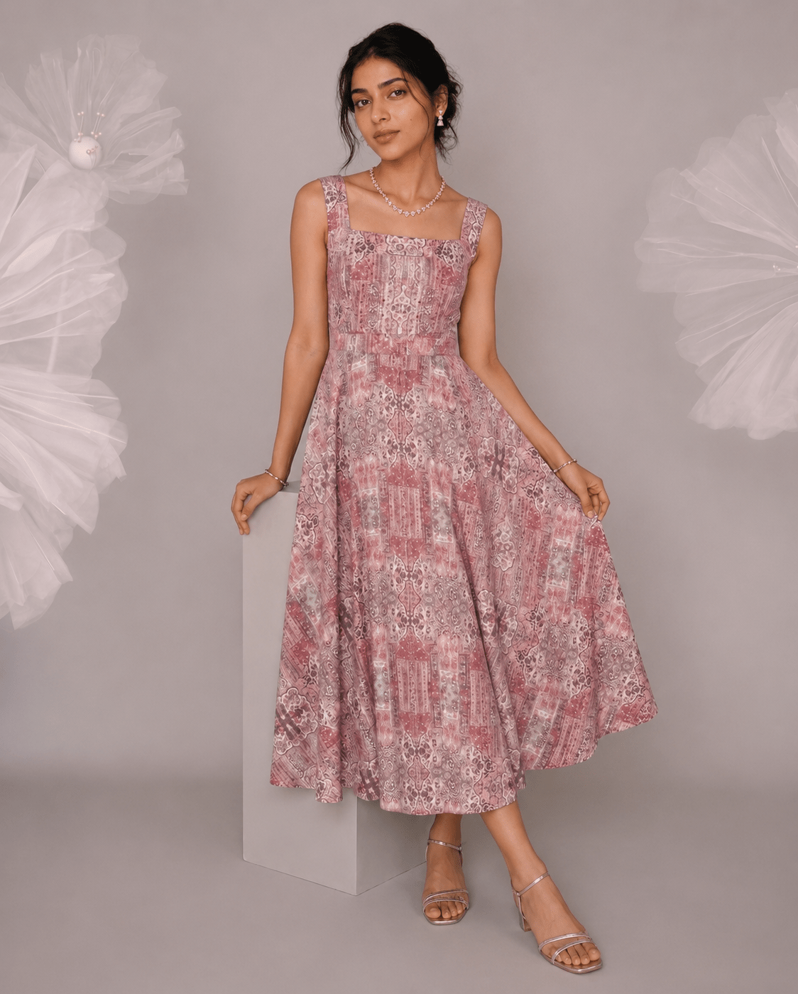 Dusty Rose Cotton Square Neck Flared Midi Dress - Mileenia