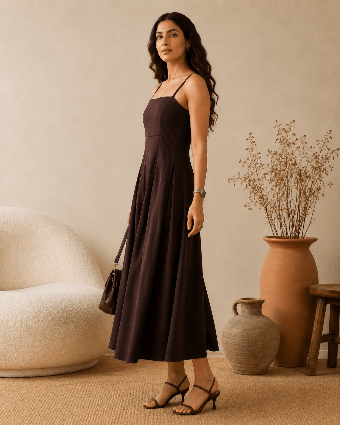 Espresso Brown Satin Square Neck Pleated Midi Dress - Mileenia