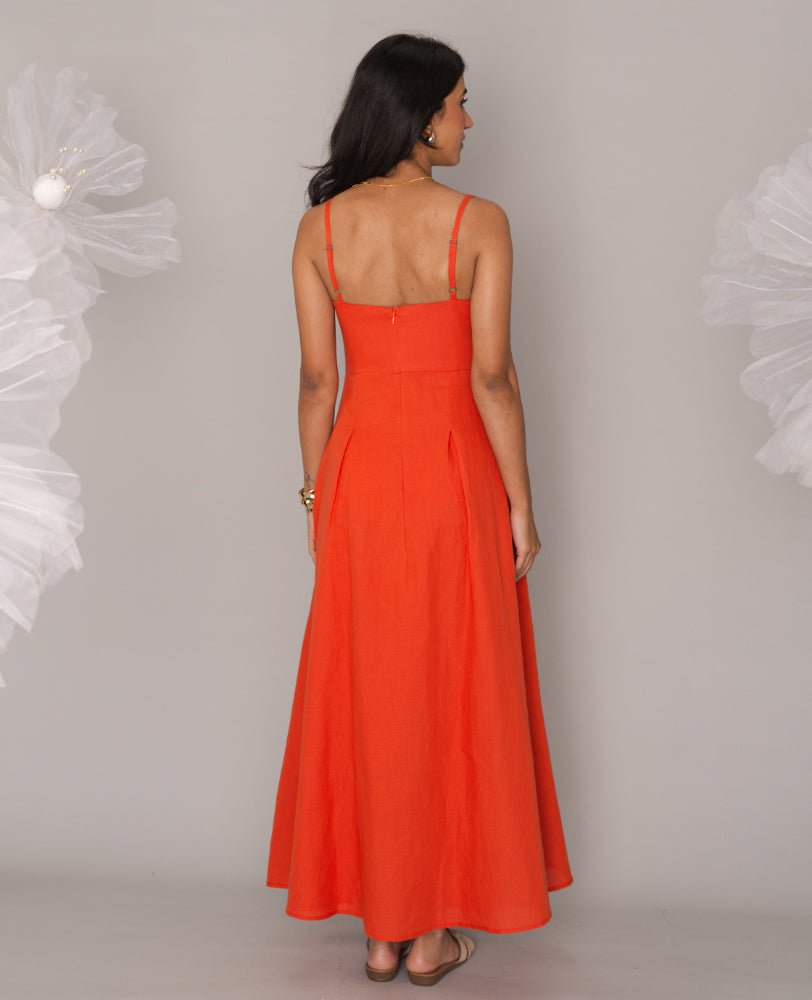 Fiery Orange Sweetheart Neck Strappy Maxi Dress - Mileenia