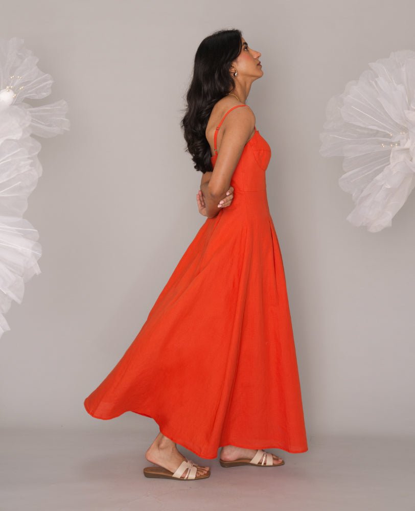 Fiery Orange Sweetheart Neck Strappy Maxi Dress - Mileenia