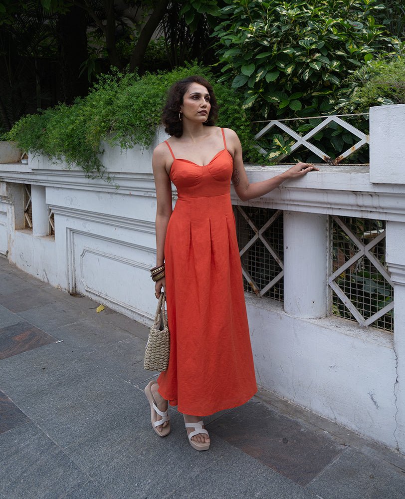 Fiery Orange Sweetheart Neck Strappy Maxi Dress - Mileenia