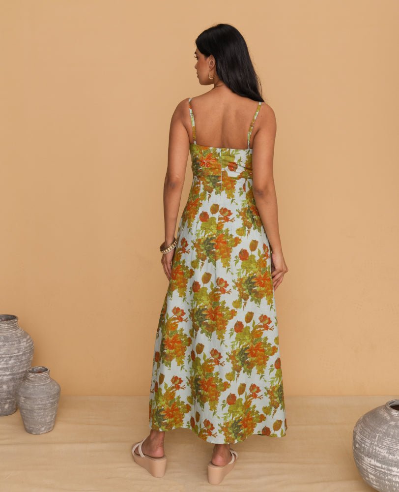 Green Floral Sweetheart Neck Strappy Maxi Dress - Mileenia
