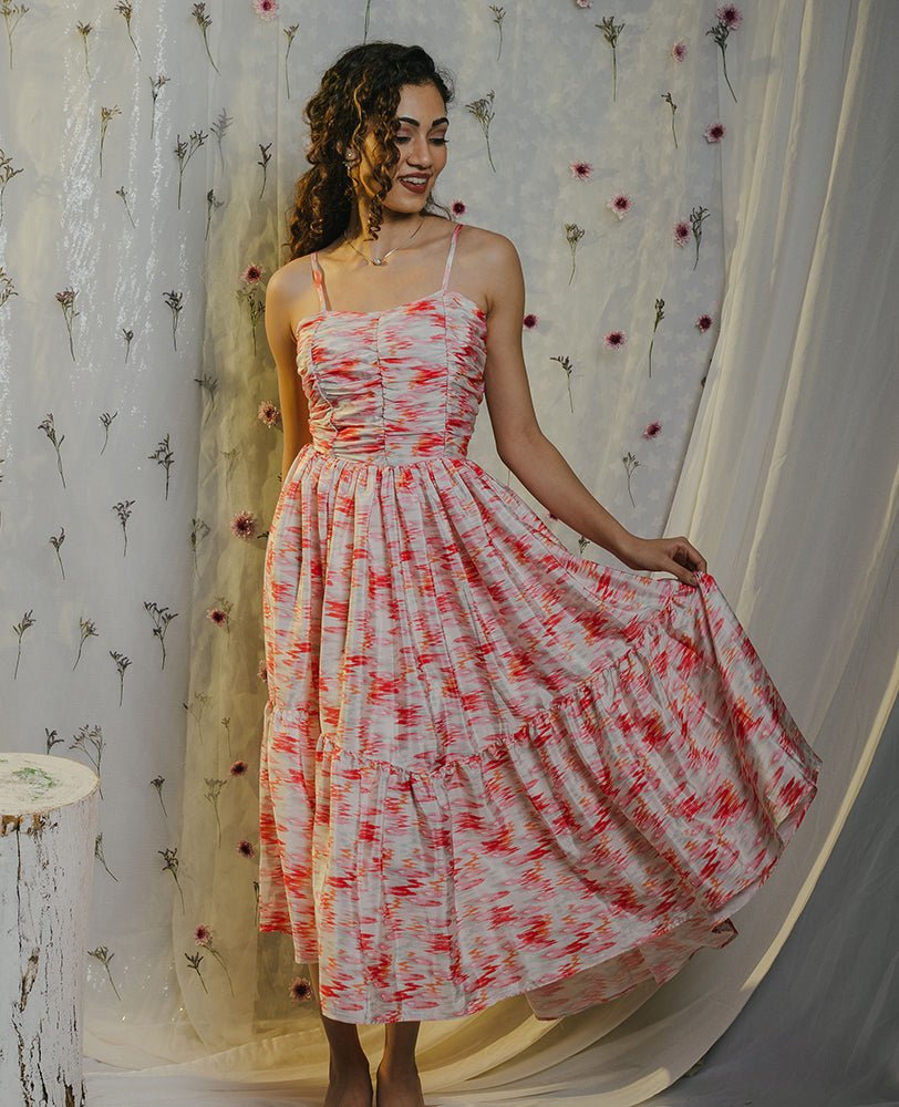 Ikkat Satin High Low Strap Dress - Mileenia