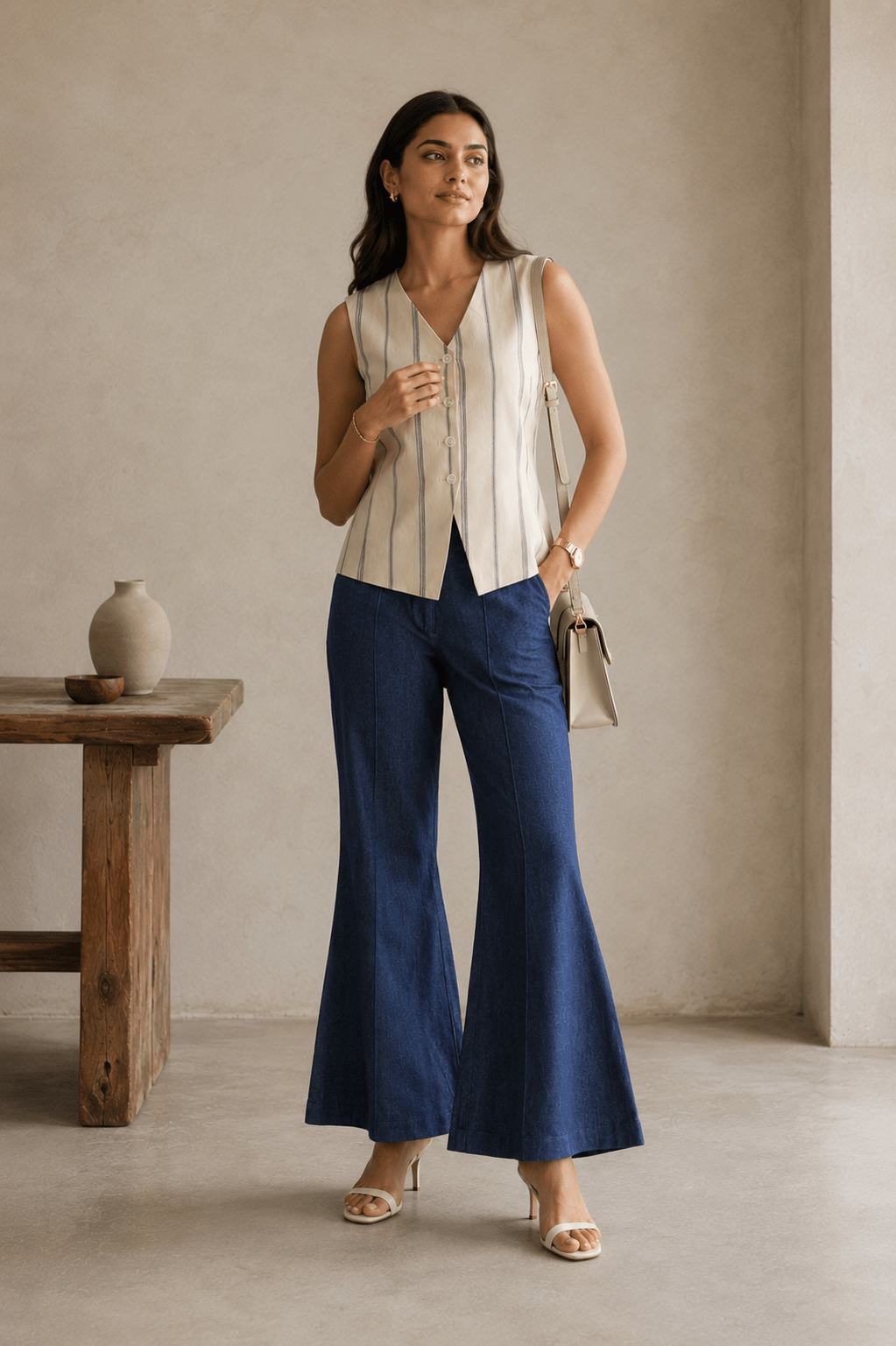 Ivory Navy Stripe Sleeveless Tailored Waistcoat - Mileenia