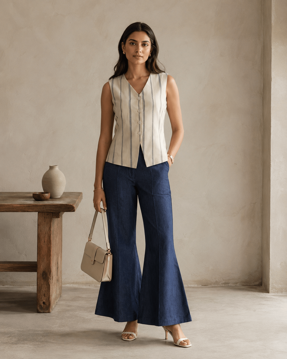 Ivory Navy Stripe Sleeveless Tailored Waistcoat - Mileenia