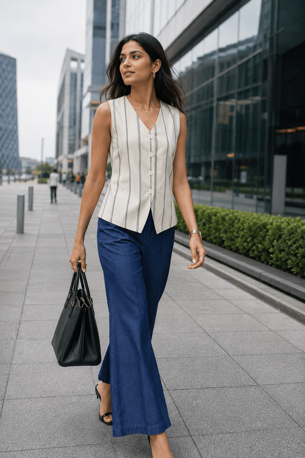 Ivory Navy Stripe Sleeveless Tailored Waistcoat - Mileenia