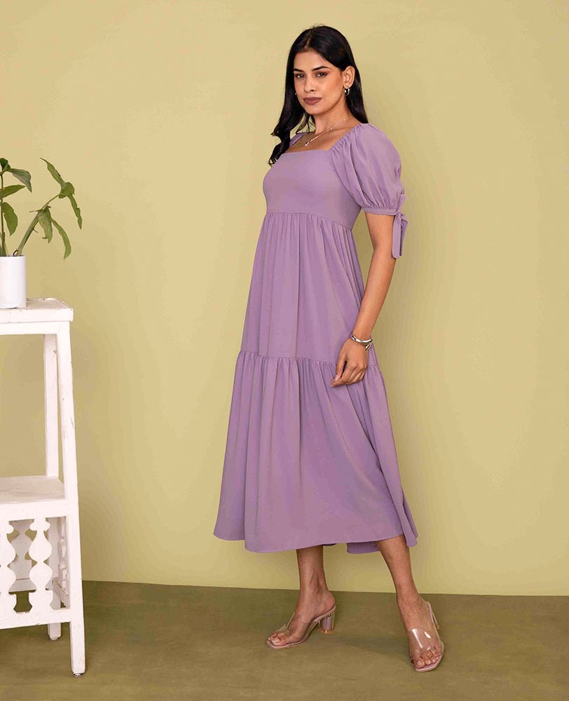 Lavender Cotton Puff Sleeve Tiered Midi Dress - Mileenia