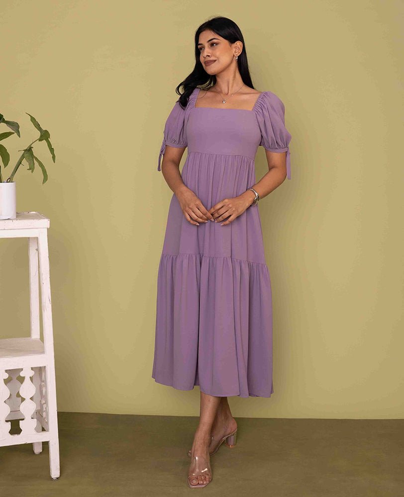 Lavender Cotton Puff Sleeve Tiered Midi Dress - Mileenia