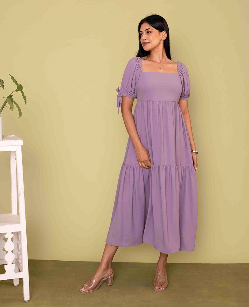 Lavender Cotton Puff Sleeve Tiered Midi Dress - Mileenia