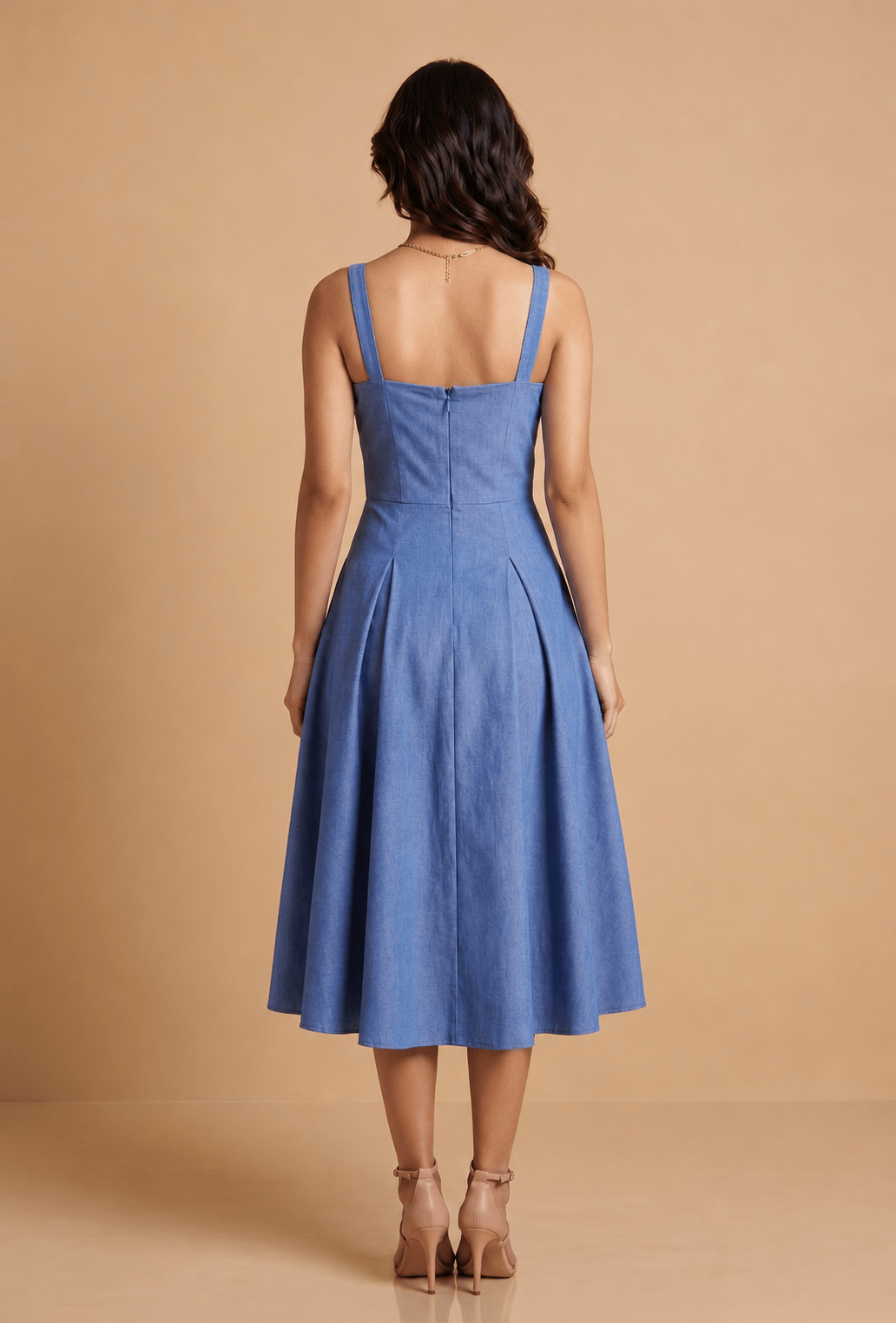Light Blue Cotton Square Neck Flared Midi Dress - Mileenia
