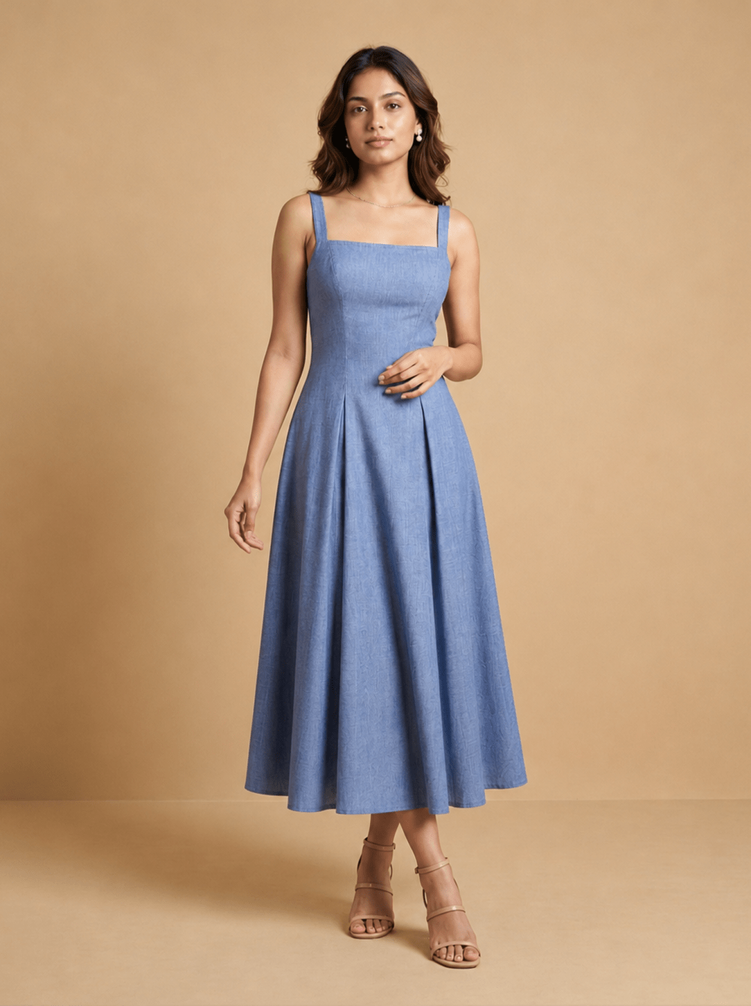 Light Blue Cotton Square Neck Flared Midi Dress - Mileenia