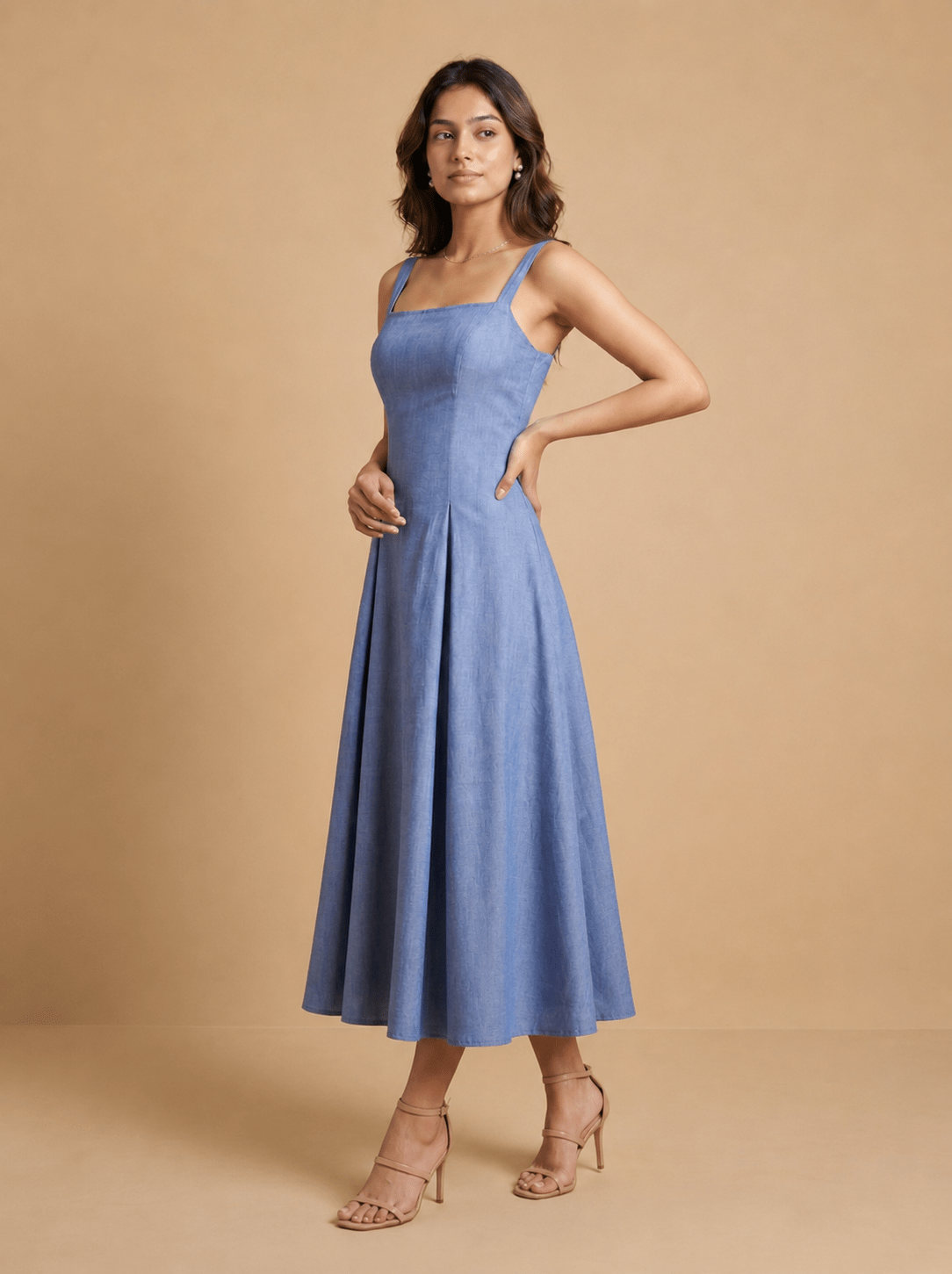 Light Blue Cotton Square Neck Flared Midi Dress - Mileenia