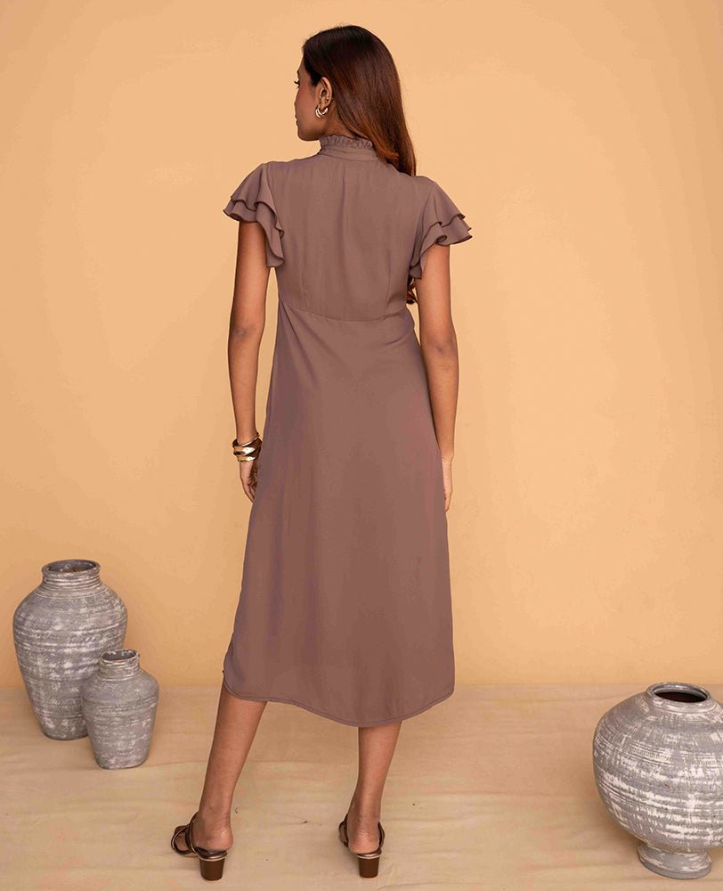 Mauve Button - Down Midi Dress with Ruffle Sleeves - Mileenia