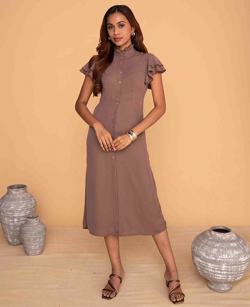 Mauve Button - Down Midi Dress with Ruffle Sleeves - Mileenia