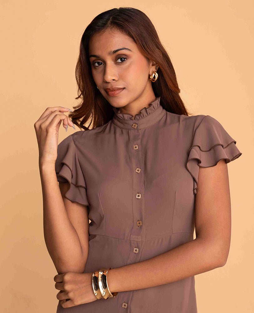 Mauve Button - Down Midi Dress with Ruffle Sleeves - Mileenia