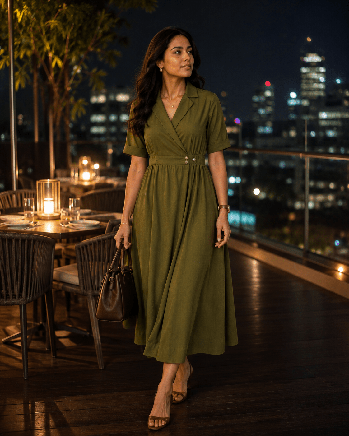 Olive Rayon Blazer-Style Double Button Midi Dress - Mileenia