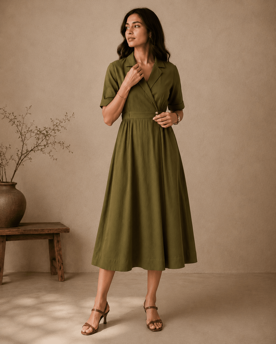 Olive Rayon Blazer-Style Double Button Midi Dress - Mileenia