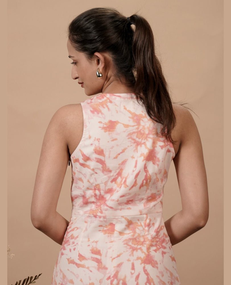 Peach Printed V Neck Fitted Dress - Mileenia