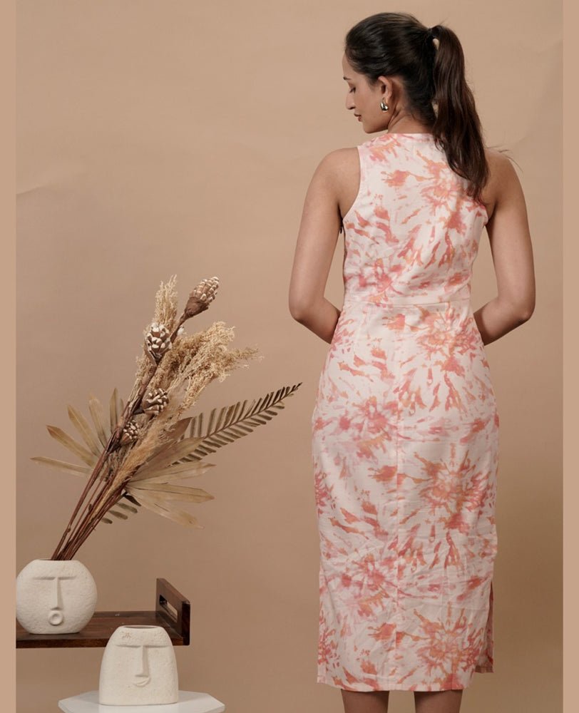 Peach Printed V Neck Fitted Dress - Mileenia