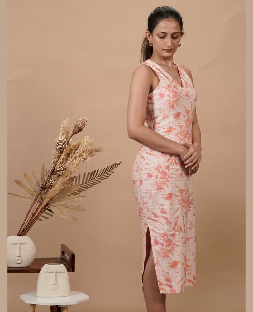 Peach Printed V Neck Fitted Dress - Mileenia