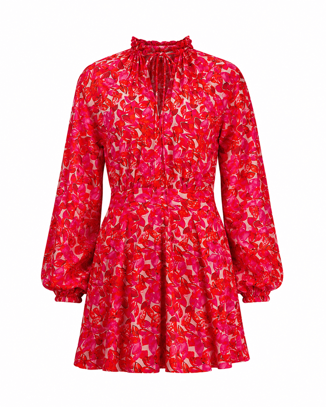 Pink Abstract Floral Bardot Neck Puff Sleeve Tiered Midi Dress - Mileenia