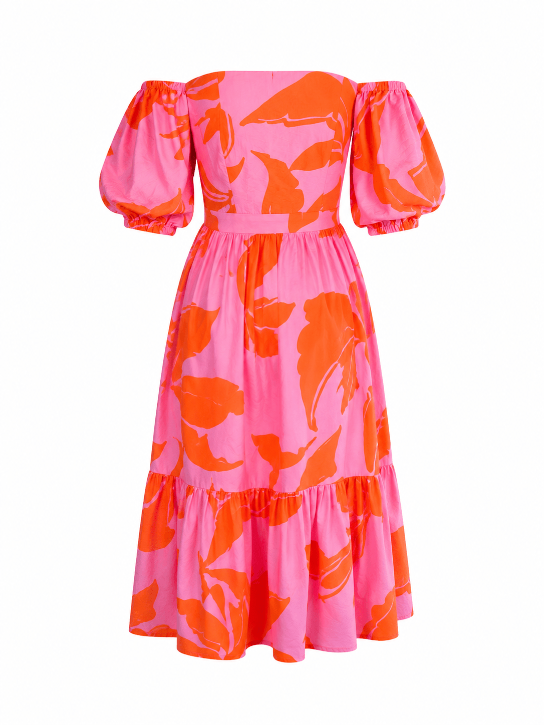Pink Abstract Floral Bardot Neck Puff Sleeve Tiered Midi Dress - Mileenia