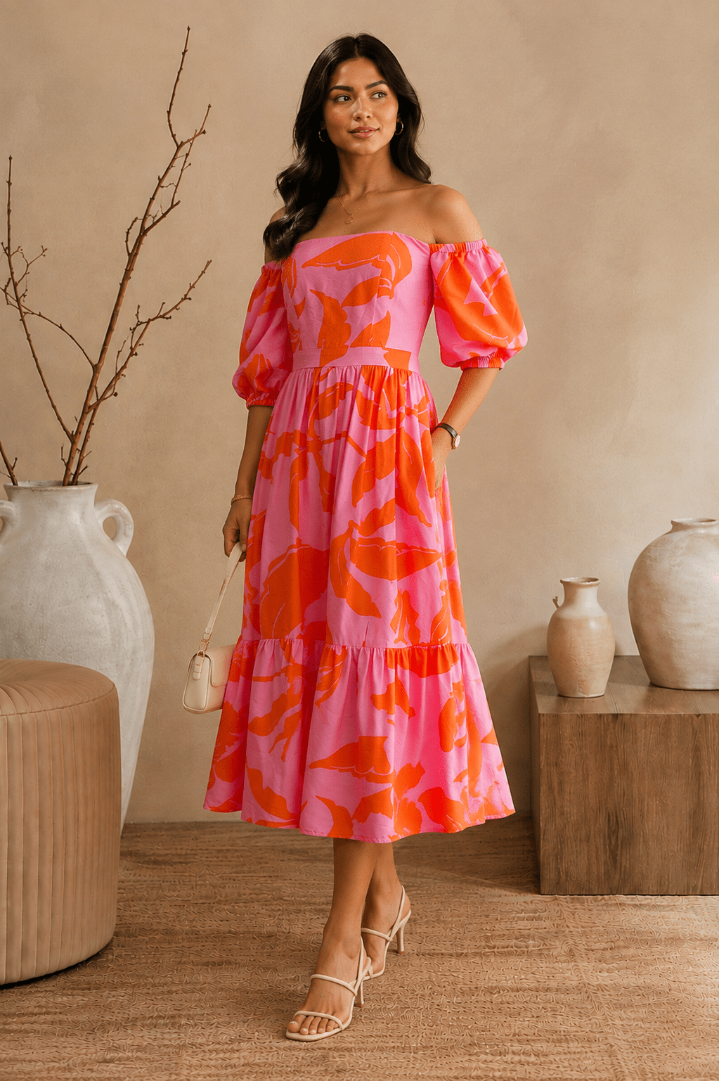 Pink Abstract Floral Bardot Neck Puff Sleeve Tiered Midi Dress - Mileenia
