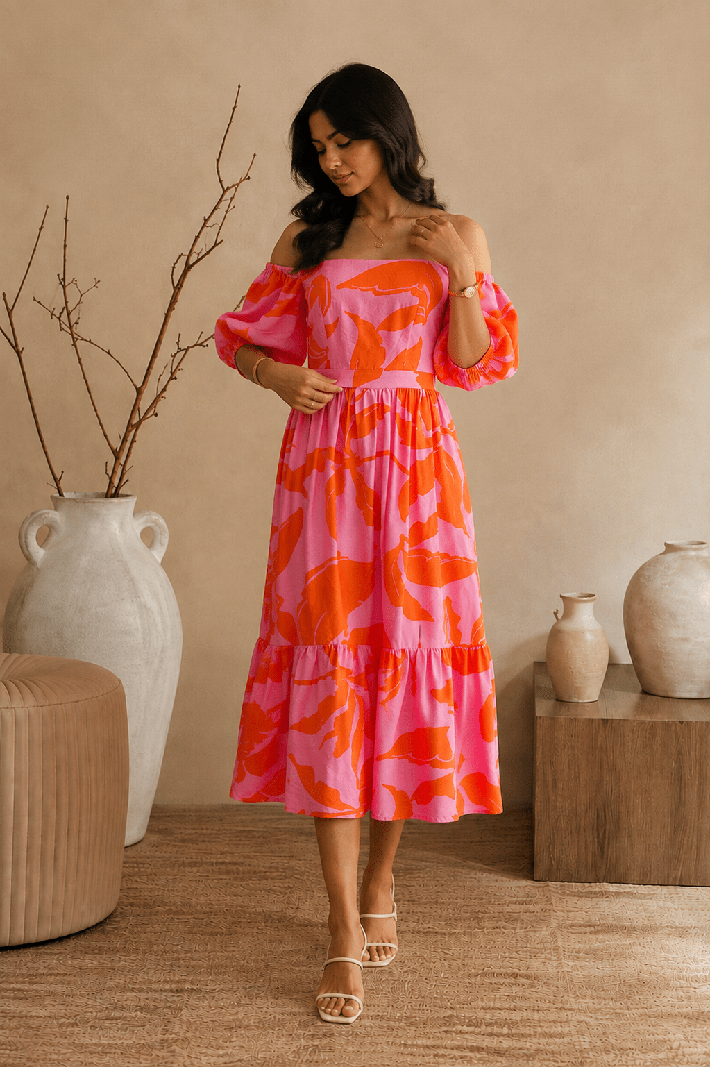 Pink Abstract Floral Bardot Neck Puff Sleeve Tiered Midi Dress - Mileenia