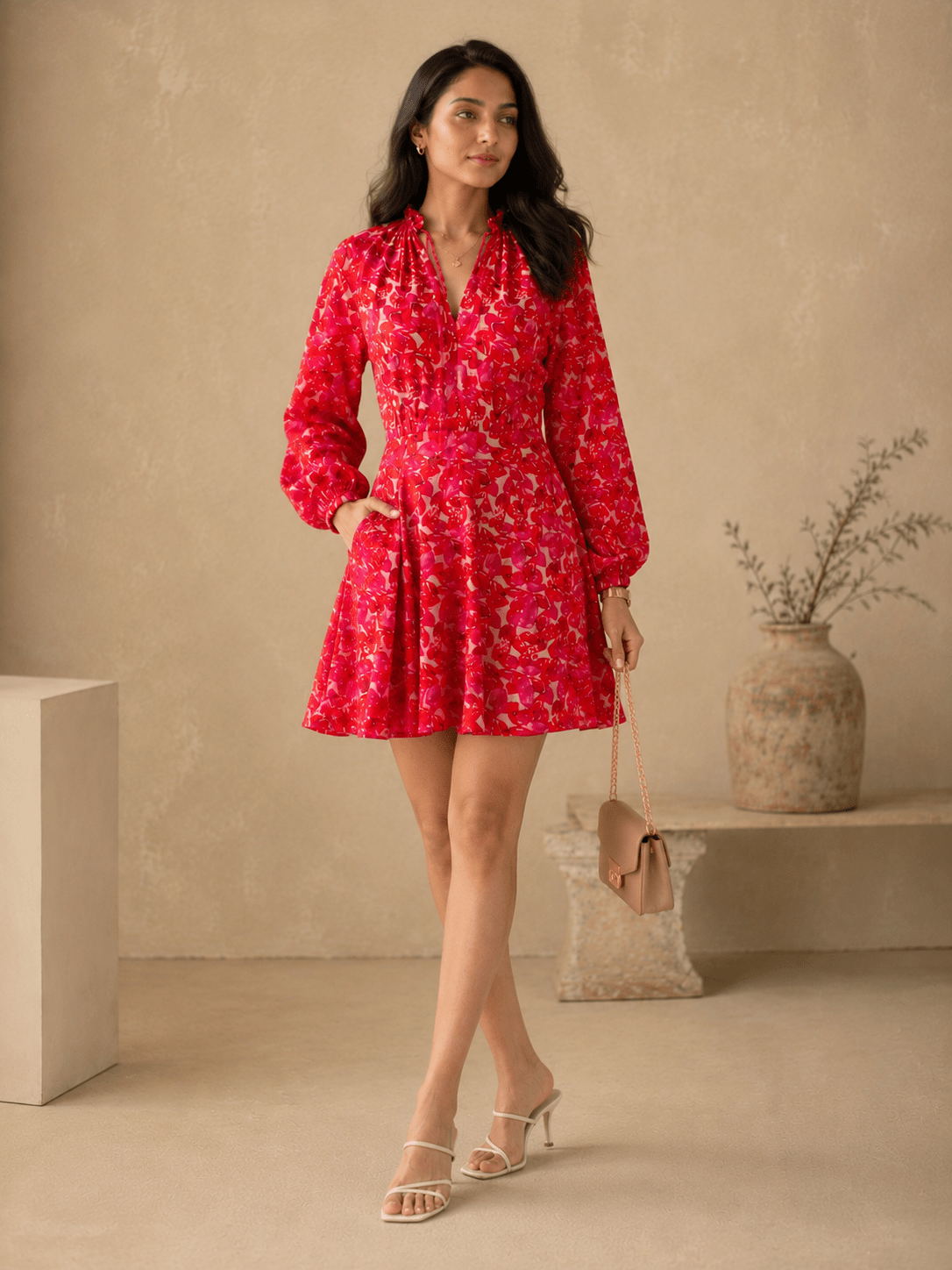Pink Abstract Floral Bardot Neck Puff Sleeve Tiered Midi Dress - Mileenia