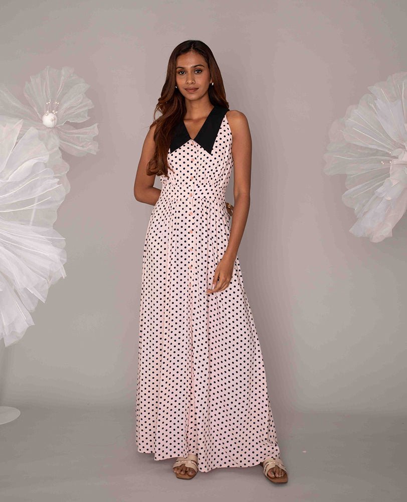 Polka Dot Maxi Dress with Contrast Collar - Mileenia