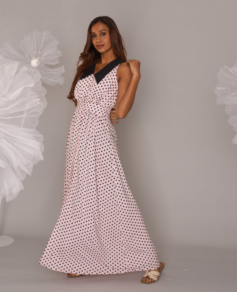 Polka Dot Maxi Dress with Contrast Collar - Mileenia