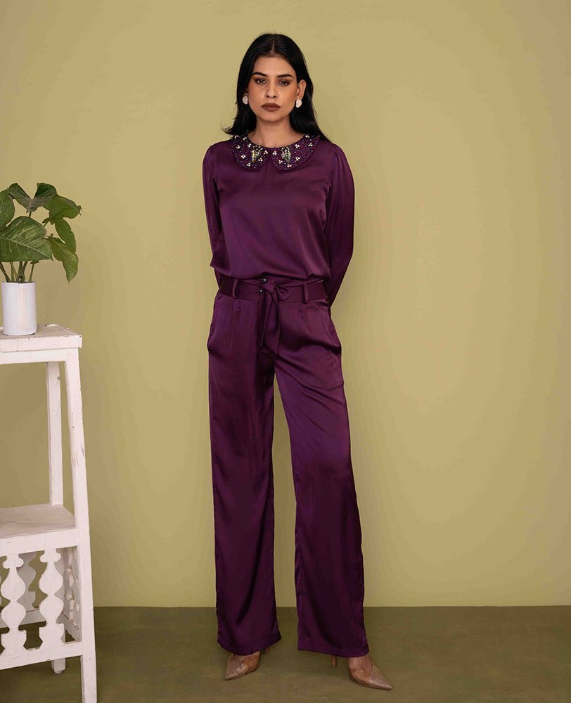 Purple Satin Embellished Collar Shirt with Wide - Leg Pants Co - ord Set - Mileenia