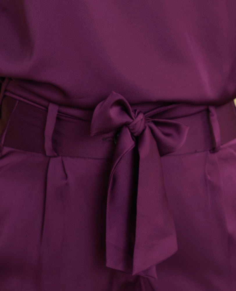 Purple Satin Embellished Collar Shirt with Wide - Leg Pants Co - ord Set - Mileenia