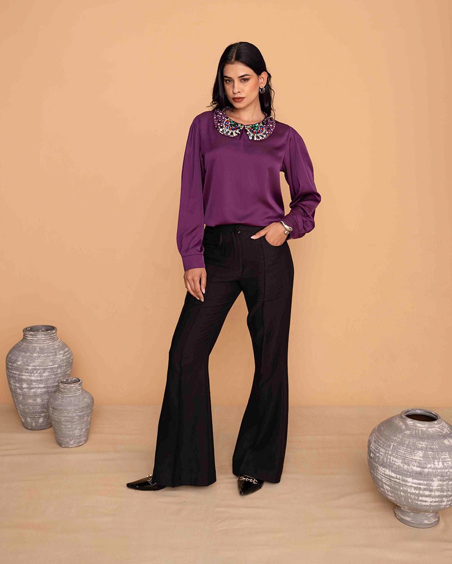 Purple Satin Embellished peterpan Collar Top - Mileenia