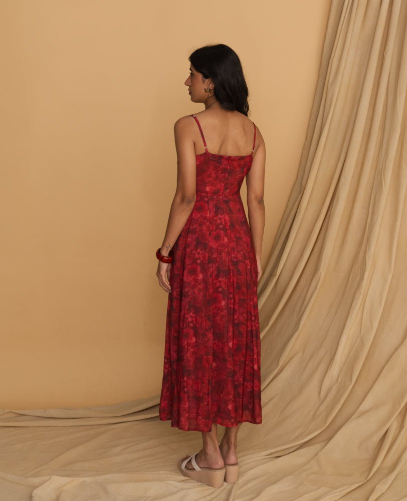 Red Floral Cutout Maxi Dress with Spaghetti Straps - Mileenia