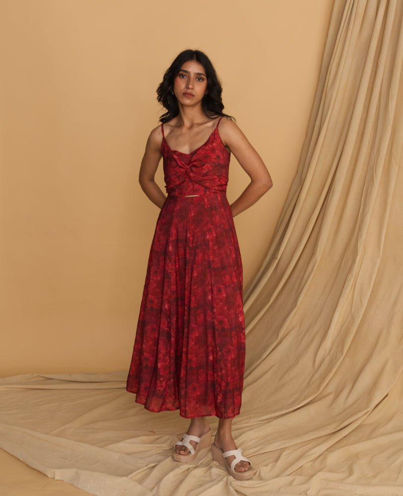 Red Floral Cutout Maxi Dress with Spaghetti Straps - Mileenia