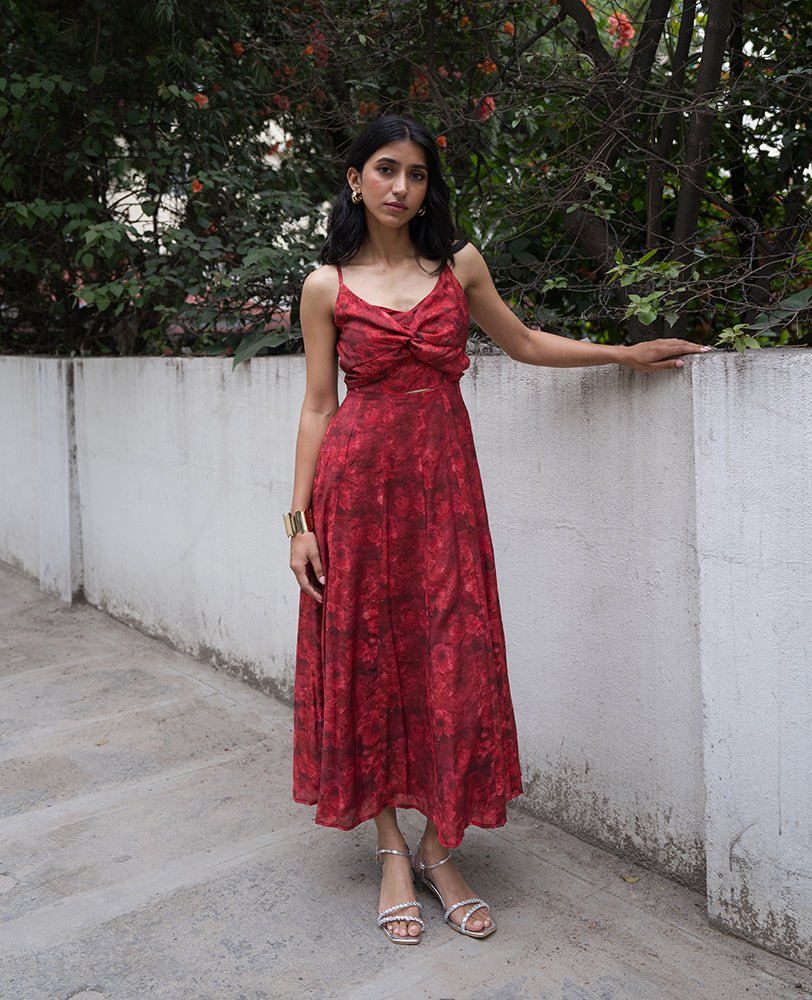 Red Floral Cutout Maxi Dress with Spaghetti Straps - Mileenia