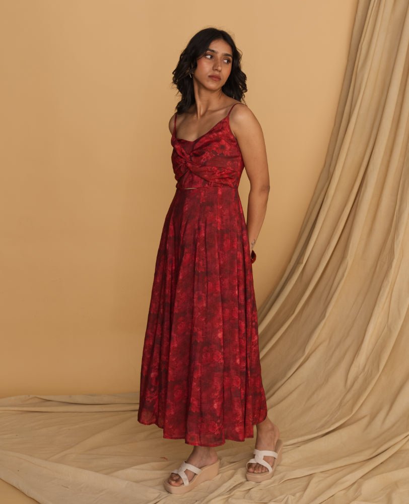Red Floral Cutout Maxi Dress with Spaghetti Straps - Mileenia