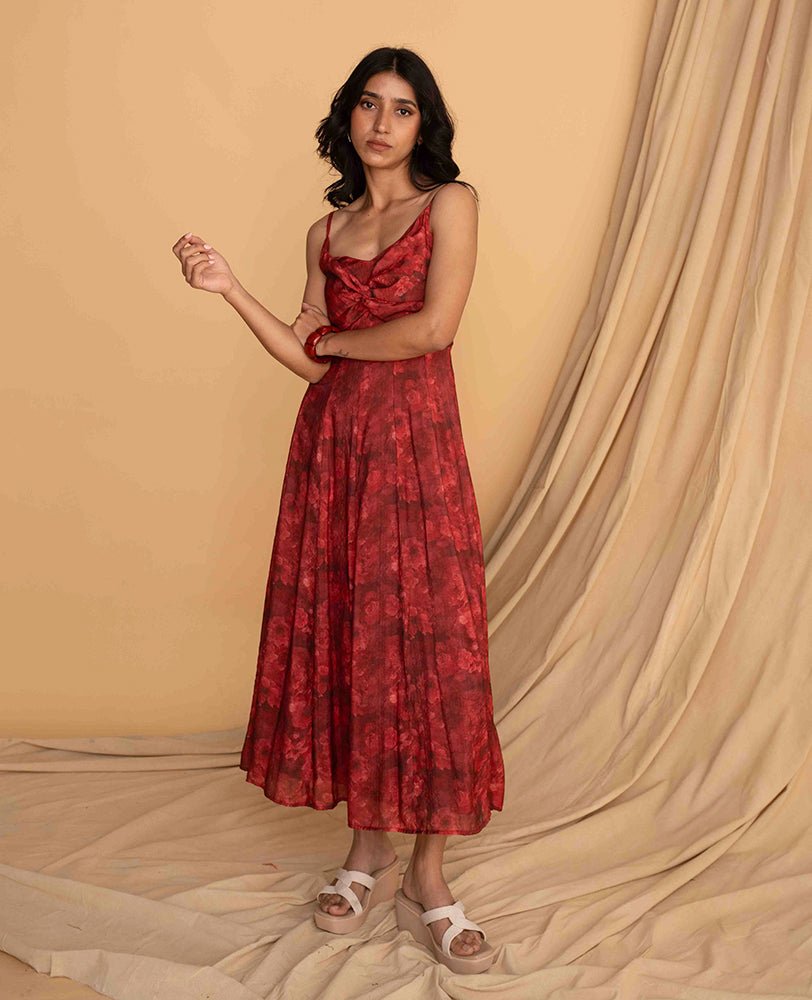 Red Floral Cutout Maxi Dress with Spaghetti Straps - Mileenia
