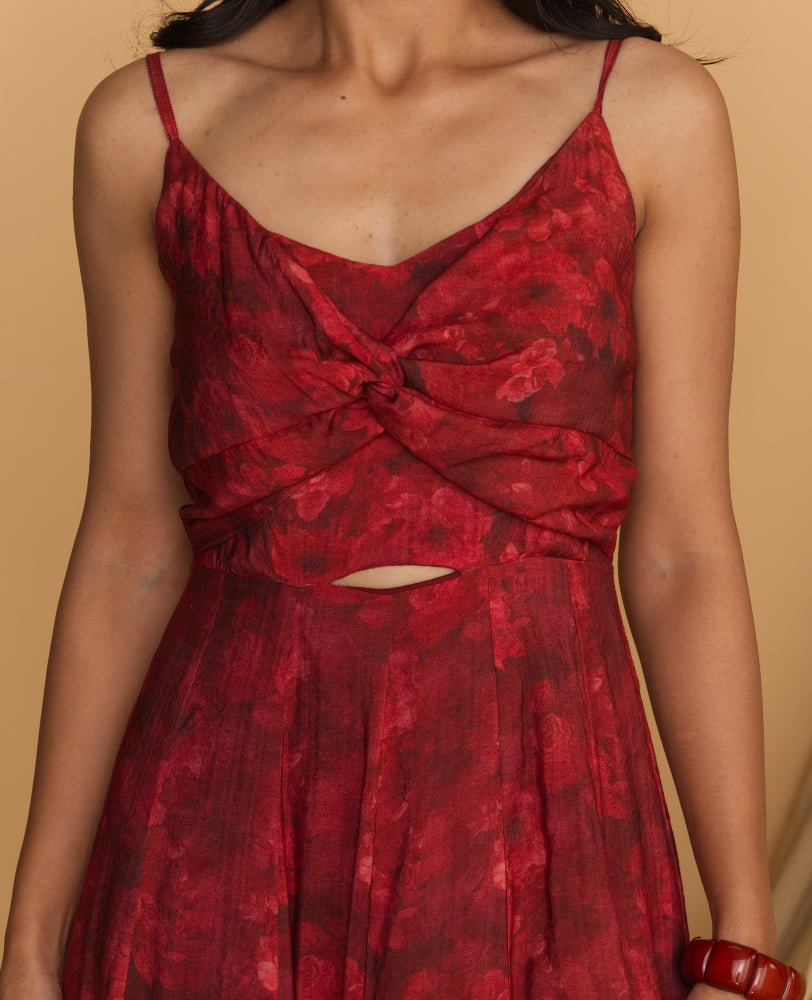 Red Floral Cutout Maxi Dress with Spaghetti Straps - Mileenia