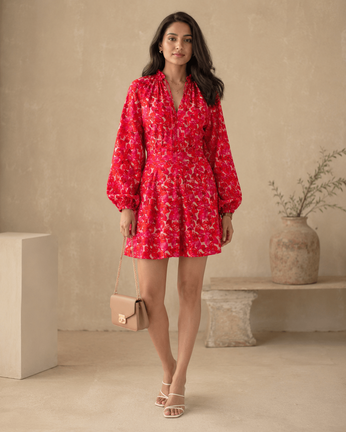 Red Floral Modal Satin Gathered Tie-Neck Flared Jumpsuit - Mileenia