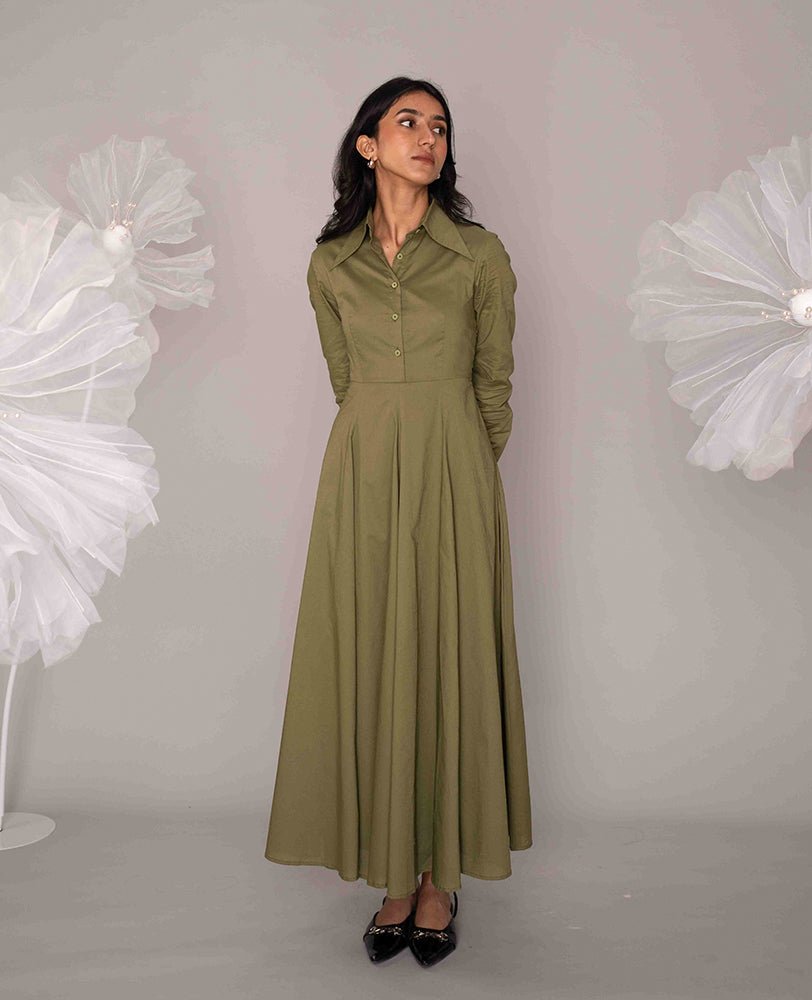 Sage Green Cotton Shirt Maxi Dress - Mileenia