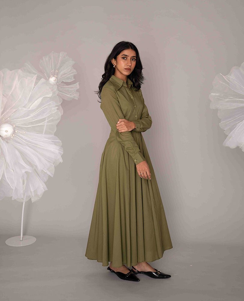 Sage Green Cotton Shirt Maxi Dress - Mileenia