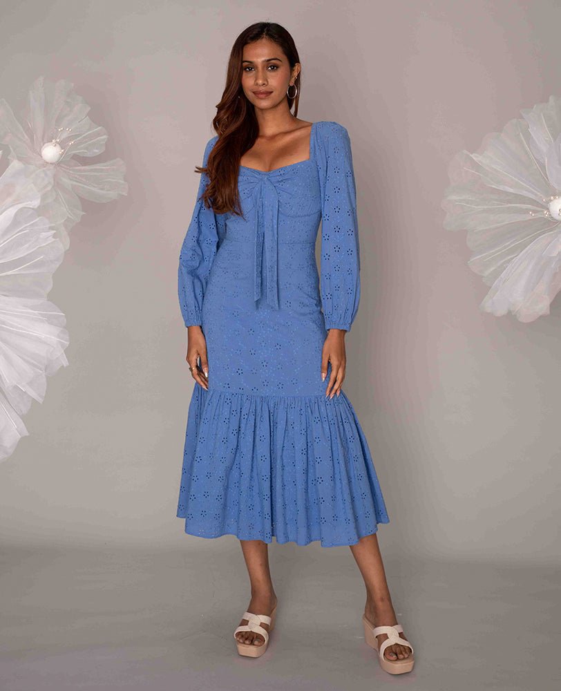 Sky Blue Eyelet Midi Dress with Tie - Front - Mileenia