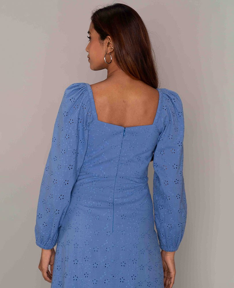 Sky Blue Eyelet Midi Dress with Tie - Front - Mileenia