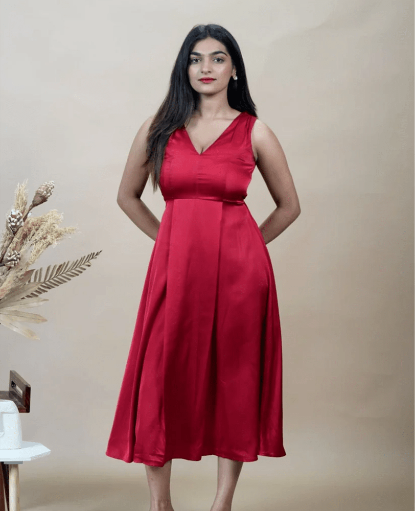 Solid Red Satin Sleeveless Dress - Mileenia