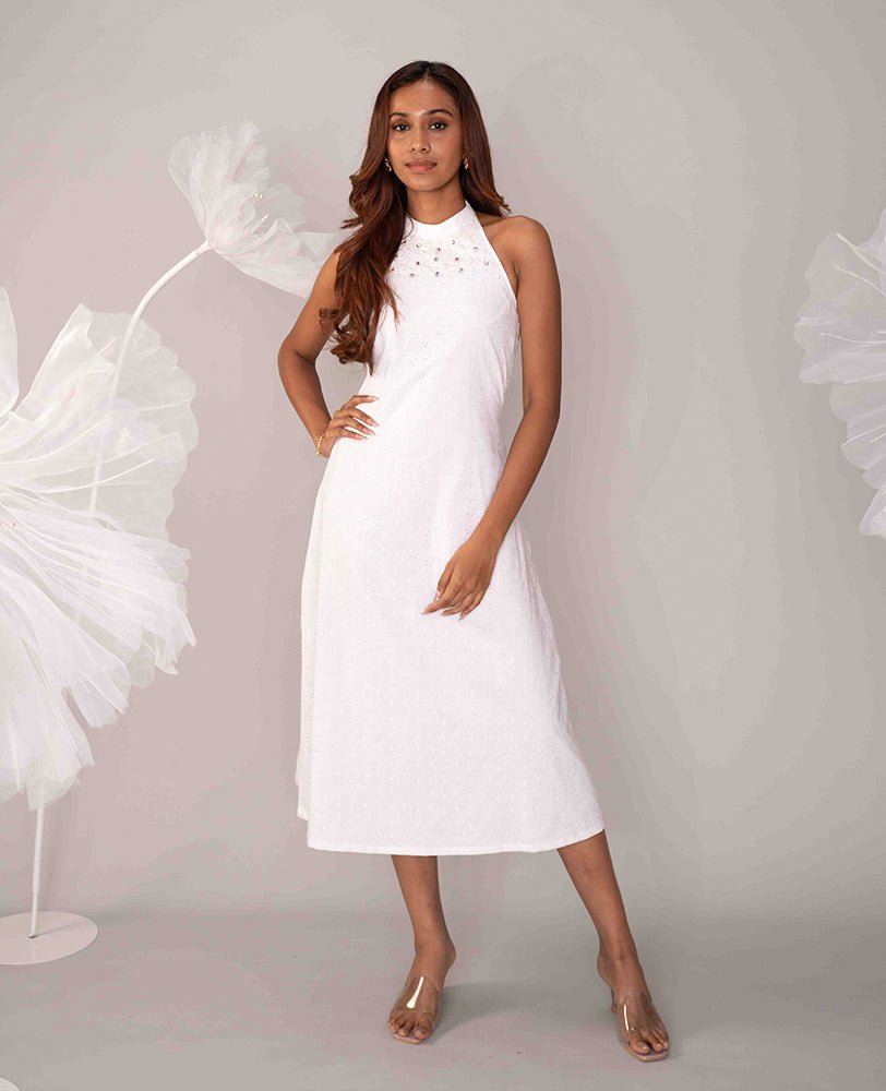White Cotton Hakoba Embellished Halter Midi Dress - Mileenia