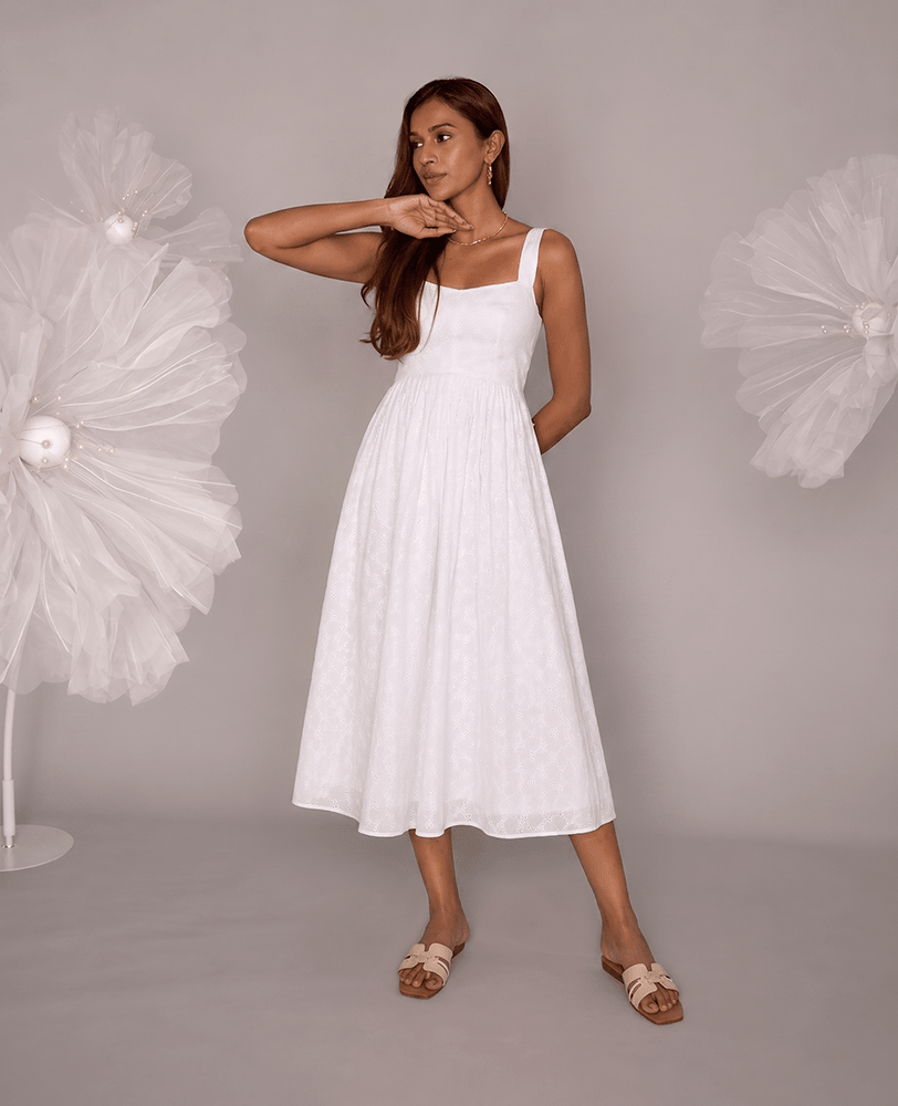 White Cotton Square Neck Flared Midi Dress - Mileenia
